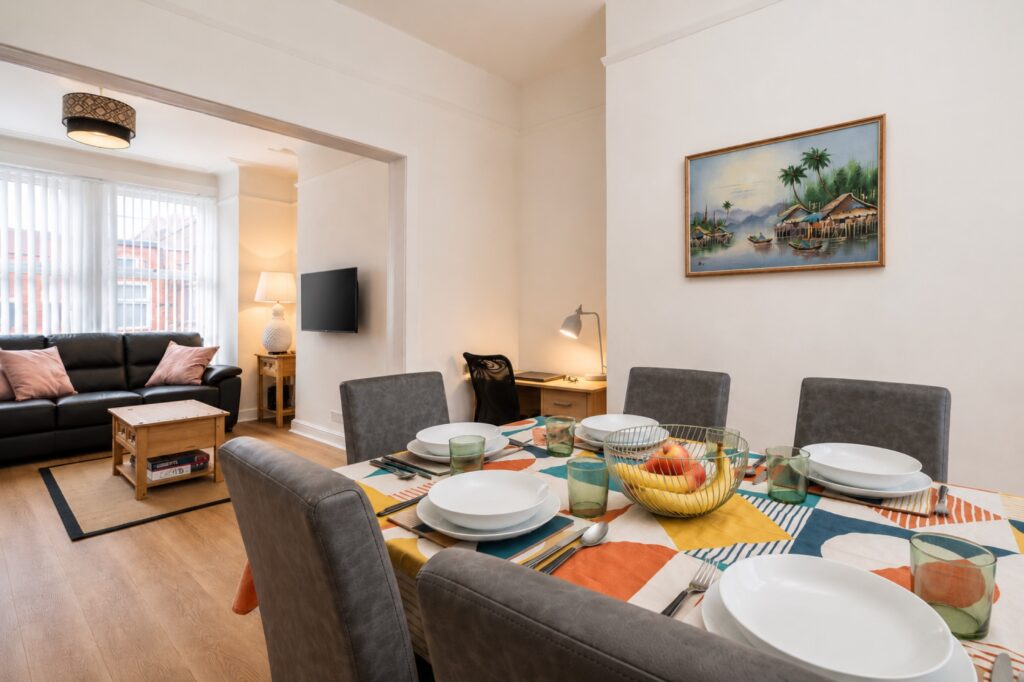 Dining and living area at Atlantean Properties 3-bed serviced accommodation in Bootle