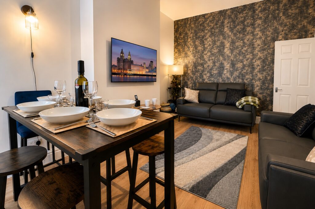 Living and dining area at Atlantean Properties 4-bed serviced accommodation in Bootle